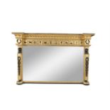 A FRENCH EMPIRE STYLE GILTWOOD, GESSO AND EBONISED OVERMANTLE MIRROR, with Greek key frieze, applied