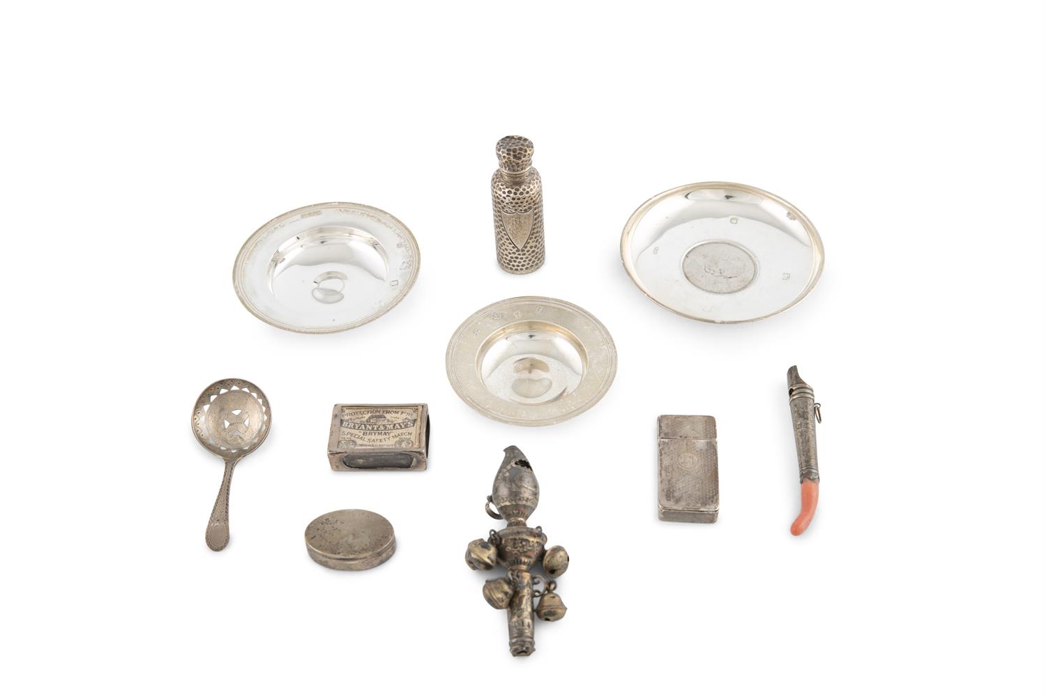 ***PLEASE NOTE: THIS LOT CONTAINS CORAL***A SMALL COLLECTION OF SILVER ITEMS, comprising a silver