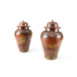 A LARGE PAIR OF IMITATION LACQUER PORCELAIN BALUSTER SHAPED VASES, with teak covers, decorated