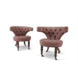 A PAIR OF MAHOGANY FRAMED AND UPHOLSTERED TUB ARMCHAIRS, covered in Morris style cloth, on turned