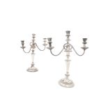 A PAIR OF 19TH OLD SHEFFIELD PLATE SILVER THREE LIGHT CANDELABRA, each with detachable top, vase