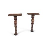 A PAIR OF SMALL MAHOGANY SIDE TABLES, 19th century, on lion monopodia bases. 47cm wide x 80cm high x