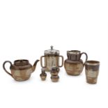 A COLLECTION OF DOULTON LAMBETH SILVER MOUNTED STONEWARE, including a triform cup and cover,