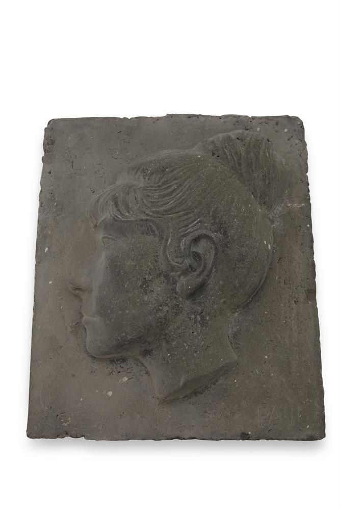 A CAST CONCRETE RECTANGULAR PANEL, decorated with a bas relief profile portrait of a young woman,