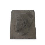 A CAST CONCRETE RECTANGULAR PANEL, decorated with a bas relief profile portrait of a young woman,