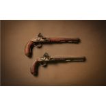 A PAIR OF 18TH/19TH CENTURY IRISH DUELLING PISTOLS by Obadiah Wisdom of Drogheda, each with