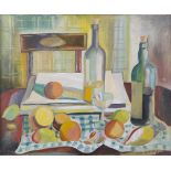 Fr. Jack P. Hanlon (1913-1968)Still Life, Bottles and Fruit on a TableOil on canvas, 49.5 x 60cm (