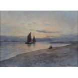 William Percy French (1854-1920)Coastal Scene at Dusk with Sailing Boat and Seated