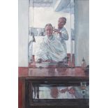 Hector McDonnell RUA (b.1947)The Barber's in ArganilOil on canvas, 70.5 x 45cm (29½ x 17¾'')