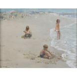 James Le Jeune RHA (1910-1983)Children Playing on a BeachOil on canvas board, 35.5 x 45.5cm (14 x