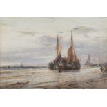 Edwin Hayes RHA RI ROI (1819-1904)Dutch Boats AshoreWatercolour, 36 x 54.5cm (14¼ x 21¾)Signed,