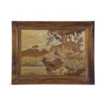 A PAIR OF FRENCH 19TH CENTURY INLAID ROSEWOOD PICTORIAL PANELS, depicting tigers in a river