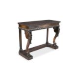 A 19TH CENTURY CARVED MAHOGANY CONSOLE TABLE, the moulded rectangular top with gadrooned edge, above