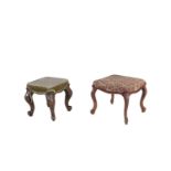 ***WITHDRAWN***A MAHOGANY FRAMED UPHOLSTERED STOOL, on moulded cabriole legs. 44 x 44cm; together