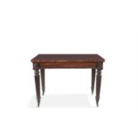 A WILLIAM IV MAHOGANY SIDE TABLE, of rectangular form, with figured top above a long frieze