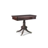 A GEORGE IV MAHOGANY RECTANGULAR FOLDING TOP TEA TABLE, with plain moulded rim, raised on a turned