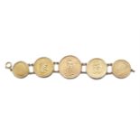 AN ATTRACTIVE FIVE COIN GOLD BRACELET, centred with a liberty twenty-dollar coin, 1927, flanked by