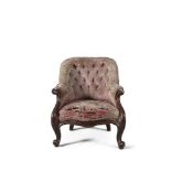 A VICTORIAN MAHOGANY FRAMED ARMCHAIR, with buttoned upholstered balloon back, scroll armrest