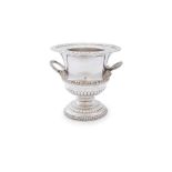 A LARGE SILVER PLATED CAMPAGNA SHAPED WINE COOLER, with fluted cast scroll rim, the body with