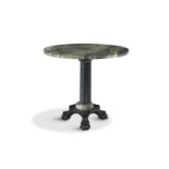 AN OVAL GREEN VEINED MARBLE TOPPED OCCASIONAL TABLE, raised on an octagonal black marble centre