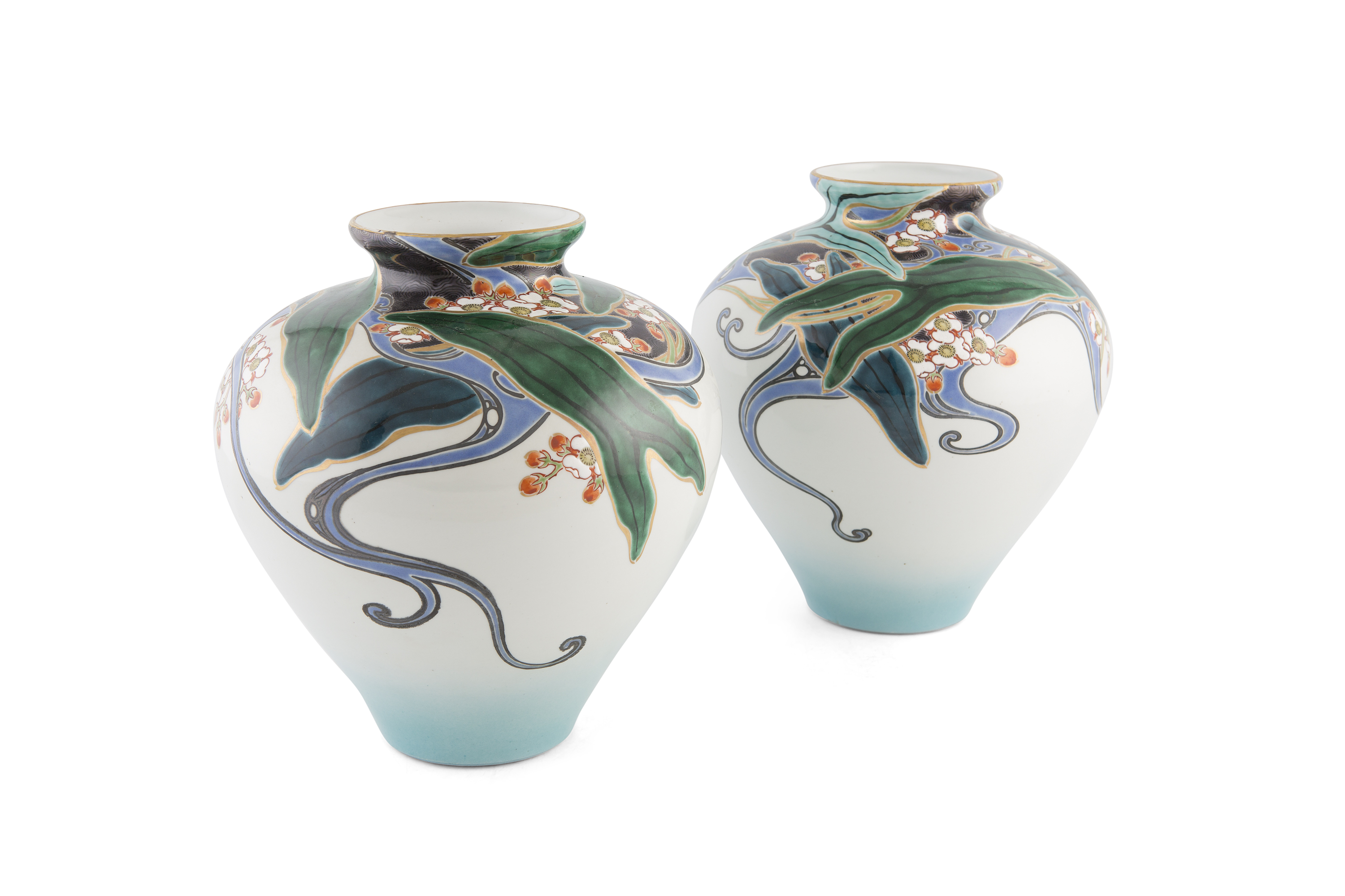 A PAIR OF JAPANESE OVOID SHAPED POLYCHROME VASES, each with short waisted neck and flared mouth,