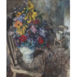 Patrick Hennessy RHA (1915-1980)Interior, Still Life with a Vase of Flowers on a ChairOil on canvas,