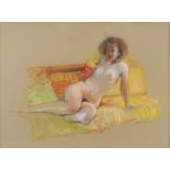 Jack Coughlin (20th Century)Seated Nude on Yellow and Orange CushionsWatercolour, 28 x 37cm (11 x