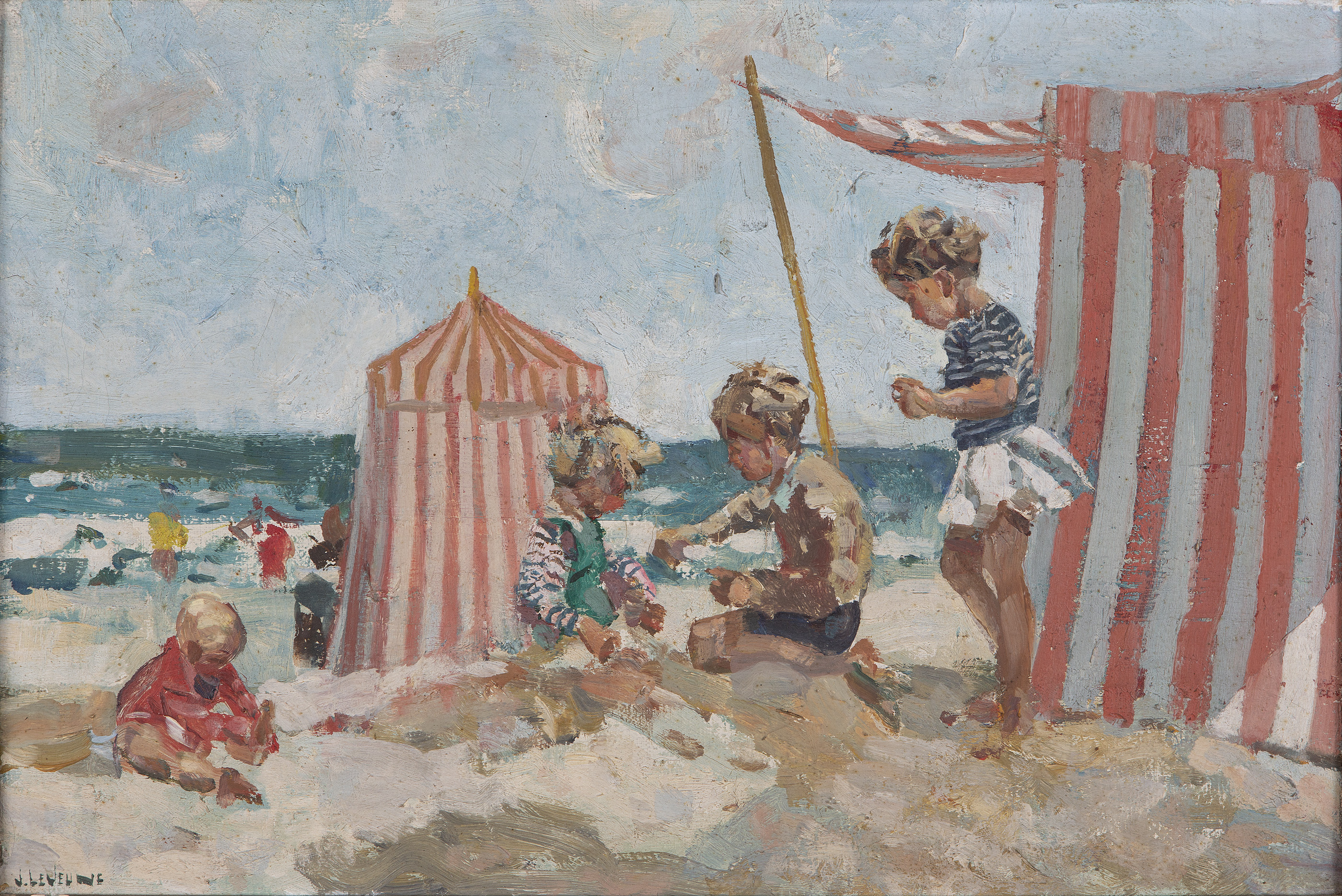 James Le Jeune RHA (1910-1983)Idyllic Days - Children Playing on a BeachOil on canvas, 31 x 46cm (