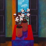 Graham Knuttel (b.1954)Still Life with Flowers at a WindowAcrylic on canvas, 103 x 103cm (40½ x