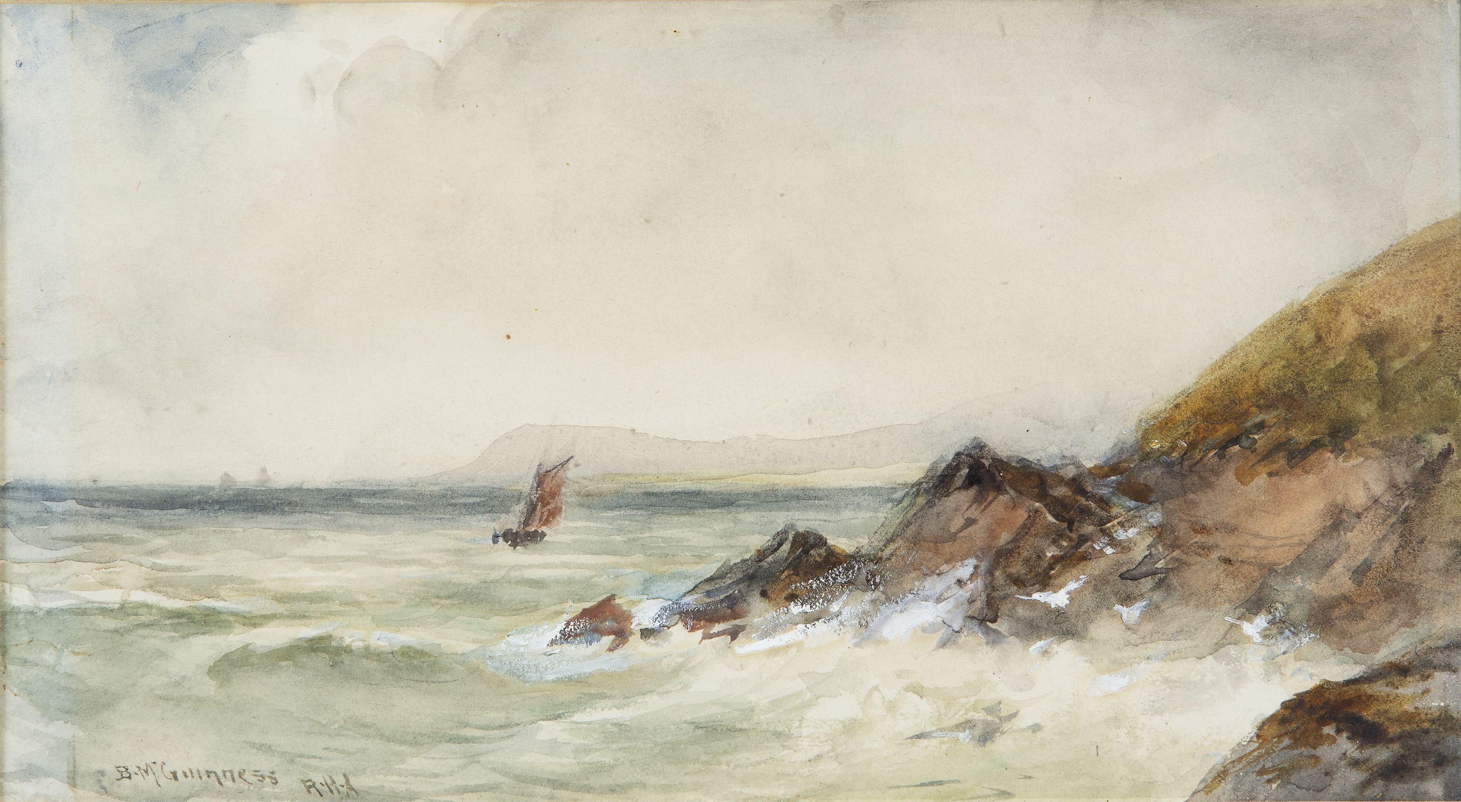 William Bingham McGuinness RHA (1849-1928)Sailing Boat off the CoastWatercolour, 16 x 28cm (6¼ x