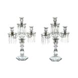 A PAIR OF MOULDED GLASS CANDELABRA, with detachable three light sconces, each candleholder with drip