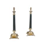 A PAIR OF BRASS CORINTHIAN COLUMN TABLE LAMPS, with square platform base raised on winged paw