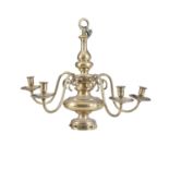 A DUTCH STYLE BRASS LARGE CHANDELIER, with bulbous column and scroll arms