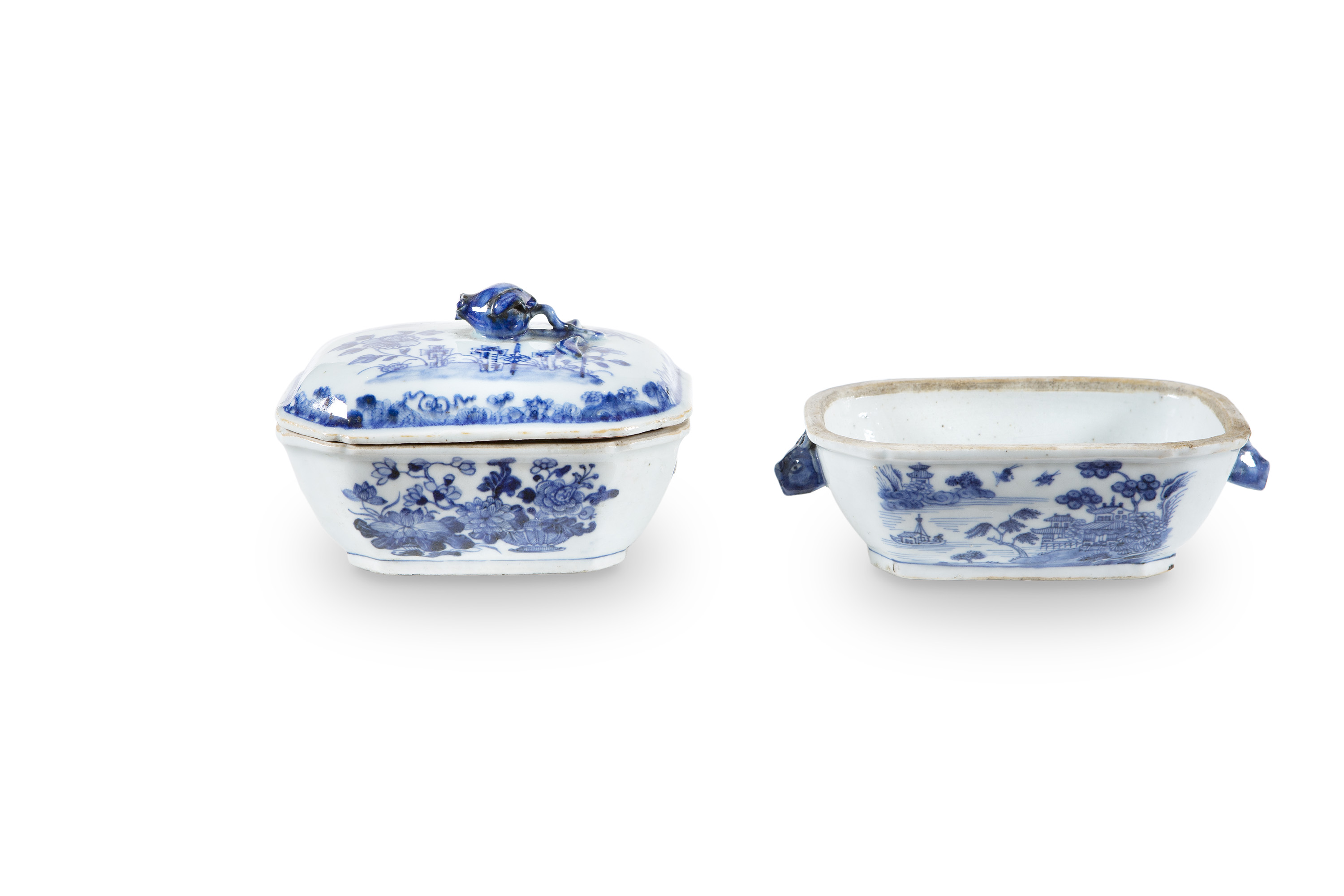 A CHINESE BLUE AND WHITE SAUCE TUREEN, of oblong shape; together with another tureen base; and a