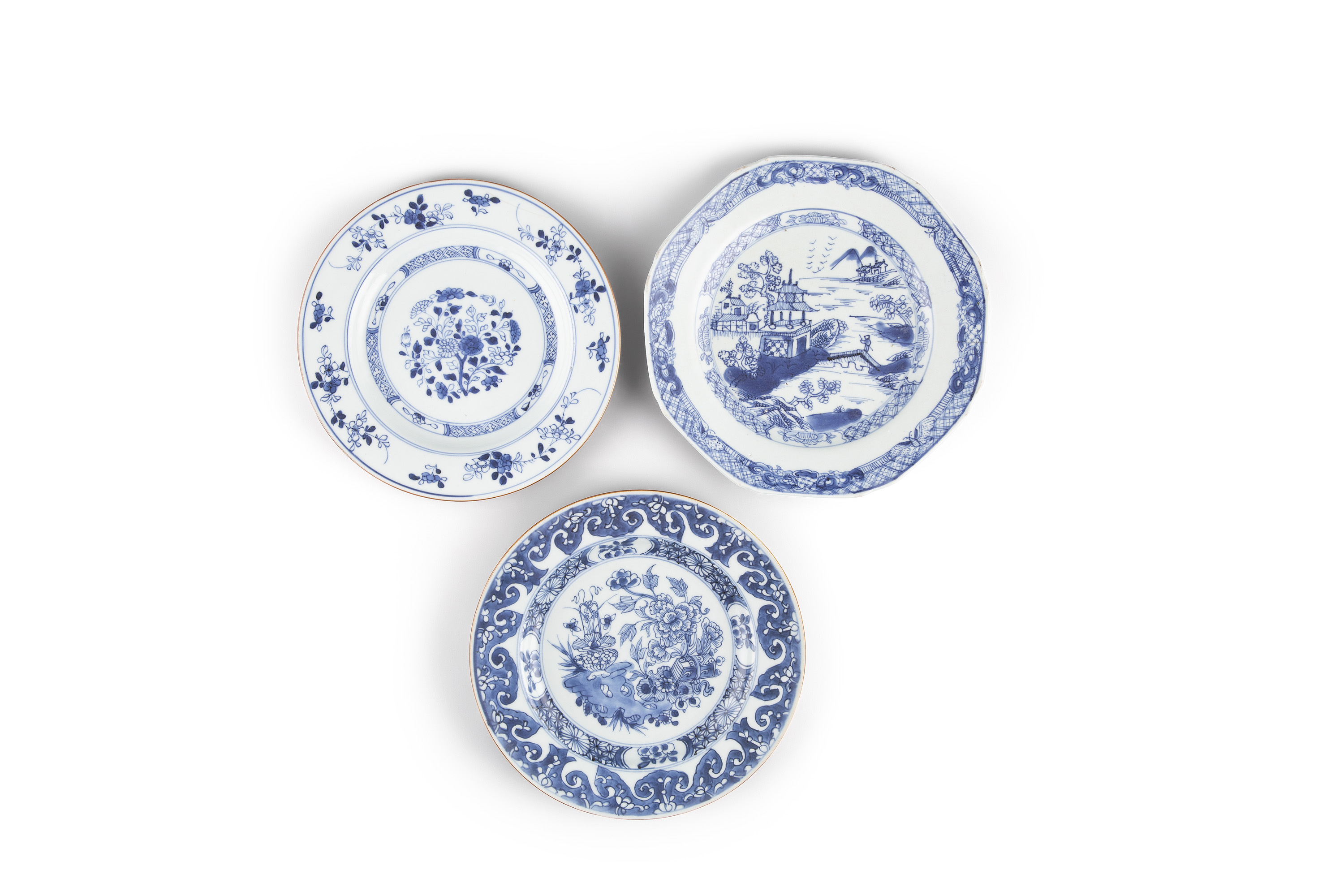 A GROUP OF THREE CHINESE 18th CENTURY DISHES, compromising one octagonal example painted with pagoda