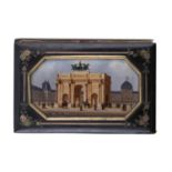 A 19TH CENTURY NOTE CASE, painted with the Arc de Triomphe, within black and mixed metal surrounds