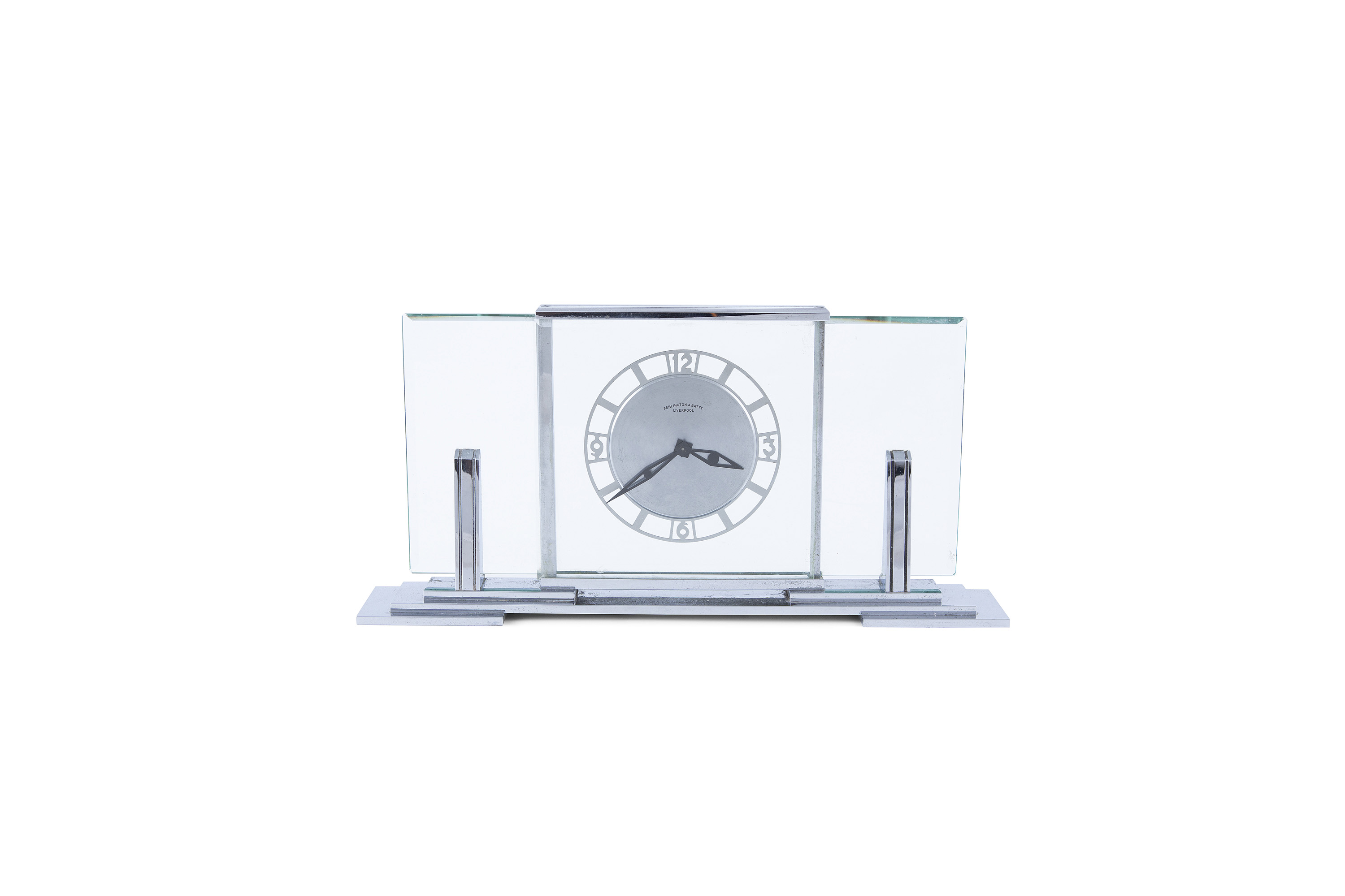 AN ENGLISH ART DECO CHROME AND GLASS MANTLE CLOCK, by Penlington & Batty of Liverpool, with polished