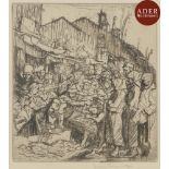 Frank BRANGWYN (1867-1956) Scènes de vie juive Ensemble de 4 eaux-fortes. - Juifs au marché Signée