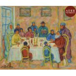 Nathan GUTMAN (1914-1978) Table du Shabbat Huile sur toile. Signée en bas à gauche. 38 x 45,5 cm