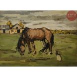 Leonard Viktorovitch TOURJANSKY (1875 - 1945) Cheval au pré. 1917 Huile sur carton. Signée et