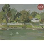 Dmitri Dmitrievitch BOUCHÈNE (1893 - 1993) Pavillon en bord de rivière Gouache. Signée en bas à