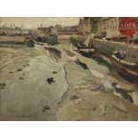 Alfred SWIEYKOWSKI (1869 - 1953) Le Port - en - Bessin, Calvados Huile sur carton. Signée en bas à