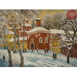 Galina Viktorovna MALTZEVA (née en 1953) Églises sous la neige. 1994 Huile sur carton Signée et