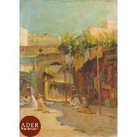 Eugène Jules DELAHOGUE (1867-1935) Maroc, Tétouan, le marché au pain le soir, vers 1914 Huile sur