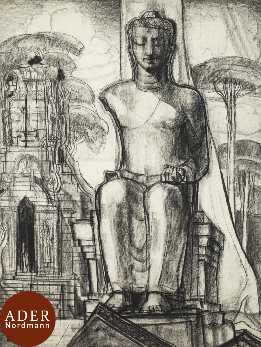 André MAIRE (1898-1984) Cambodge, bouddha, 1956 Fusain. Signé et daté en bas à gauche. 64 x 48 cm