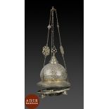 Lampe de mosquée en laiton incrusté de cuivre et d'argent dans le style pharaonique, Égypte, fin