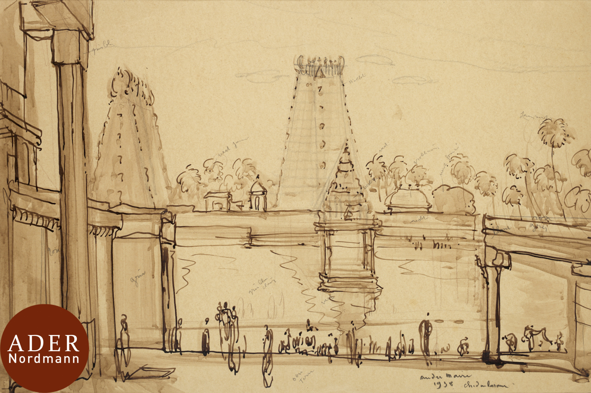 André MAIRE (1898-1984) Inde, Temple de Madura ?, 1938 Lavis d'encre brune. Signé, daté et situé