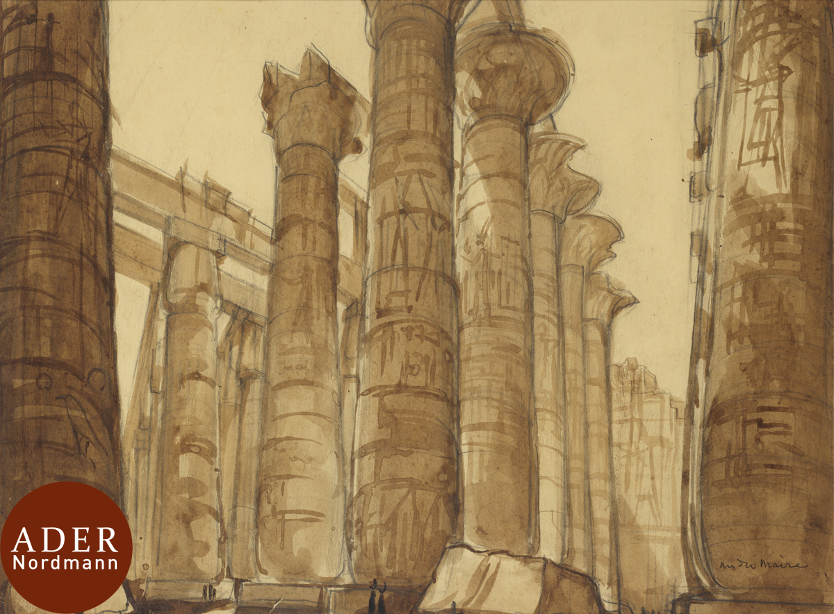 André MAIRE (1898-1984) Égypte, colonnes du temple de Karnak, vers 1937 Lavis d'encre. Signé en