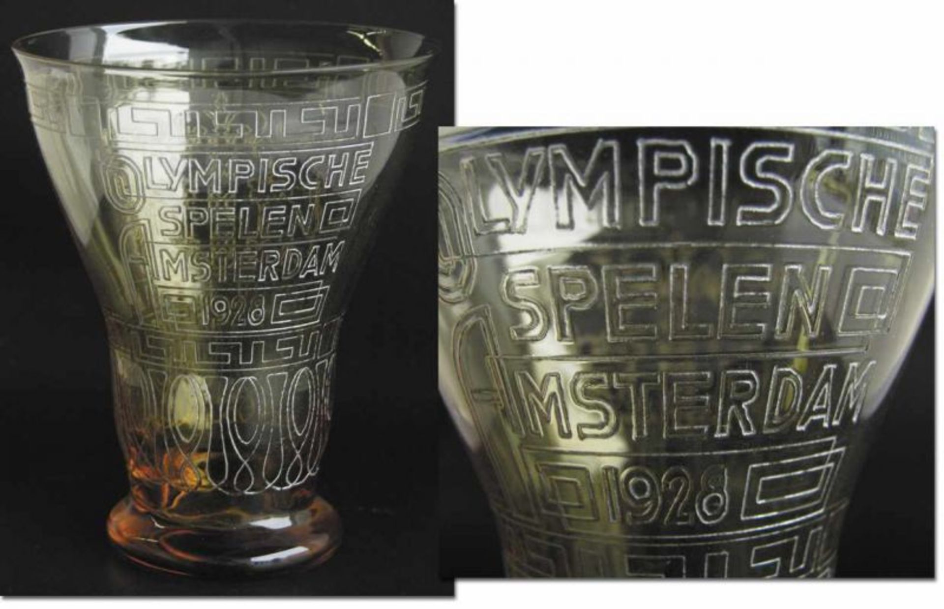 Olympic Games 1928. Commeorative Glass Cup - Attractive yellow-brown glass engraved in silver "