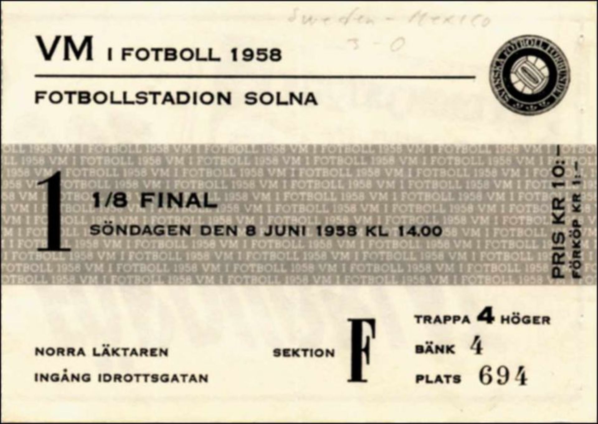 World Cup 1958. Ticket Opening match Sweden v - Mexico (3 - 0), 8th June. 11.5x8cm Eintrittskarte